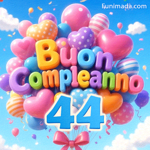 Un mazzo animato di palloncini luminosi dondola dolcemente. Le lettere 3D formano Buon Compleanno sopra il grande numero azzurro 44.