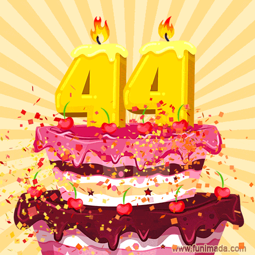 Hand Drawn 44th Birthday Cake Greeting Card (Animated Loop GIF)