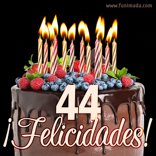 Feliz 44 cumpleaños pastel de chocolate. Imagen (GIF) con pastel y saludo.