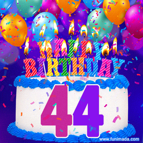 44th Birthday Cake gif: colorful candles, balloons, confetti and number 44