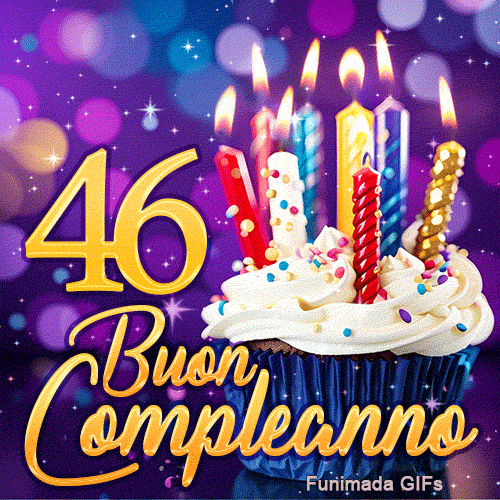 Animazione di compleanno 46 anni con il numero 46 dorato, una tortina magica ed effetti di luce viola.