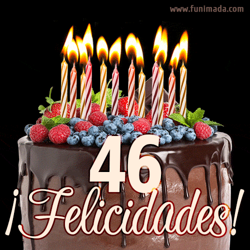 Feliz 46 cumpleaños pastel de chocolate. Imagen (GIF) con pastel y saludo.