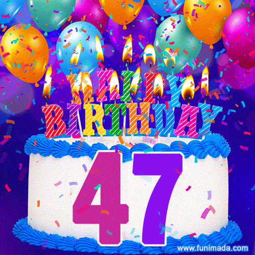47th Birthday Cake gif: colorful candles, balloons, confetti and number 47