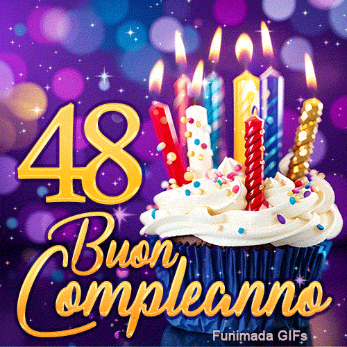GIF di Buon Compleanno 48 anni mostrante il numero 48 d'oro accanto a un cupcake illuminato con candeline brillanti.