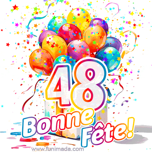 Des confettis animés, des ballons multicolores et un coffret cadeau dans un joyeux GIF de 48e anniversaire