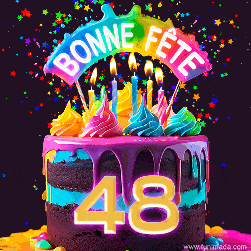 Gâteau au chocolat avec le numéro 48 orné d'un glaçage vibrant, de bougies et d'une décoration arc-en-ciel