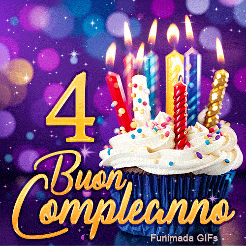 GIF di Buon Compleanno 4 anni con il numero 4 dorato, una tortina festosa e candele brillanti su sfondo violetto.
