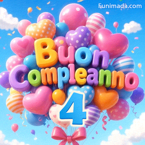 Sotto un cielo azzurro punteggiato di nuvole bianche, palloncini festosi in movimento portano il testo Buon Compleanno e un grande numero azzurro 4.