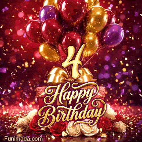 Festive balloons rise over gift boxes and blooming roses as the large golden 4 and Happy Birthday text appear with confetti and light sparkles on a red background