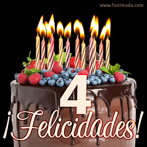 Feliz 4 cumpleaños pastel de chocolate. Imagen (GIF) con pastel y saludo.