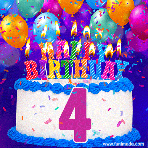 4th Birthday Cake gif: colorful candles, balloons, confetti and number 4