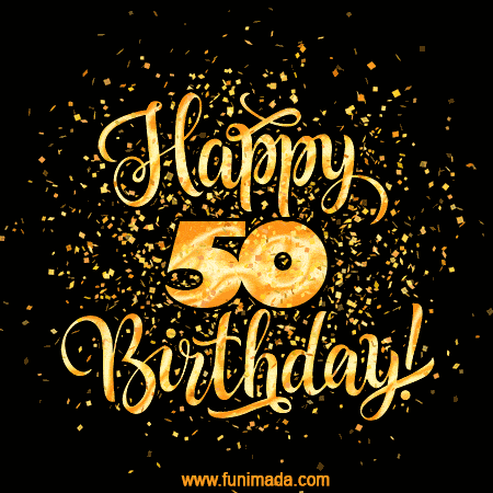 Gold Confetti Animation (loop, gif) - Happy 50th Birthday Lettering Card — Download on Funimada.com