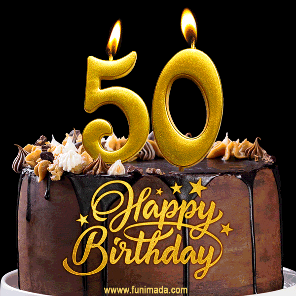 50 Birthday Chocolate Cake with Gold Glitter Number 50 Candles (GIF)