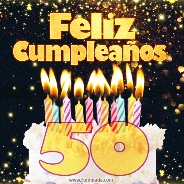Tarjeta GIF de cumpleaños feliz de 50 años con torta y velas