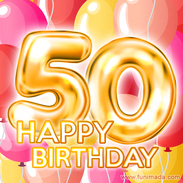 Fantastic Gold Number 50 Balloons Happy Birthday Card (Moving GIF)