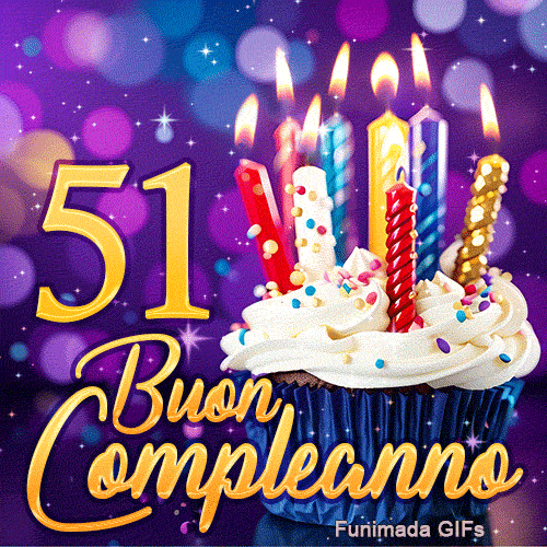 GIF animata di Buon Compleanno 51 anni con il numero 51 in oro, un cupcake e candeline colorate su sfondo viola.