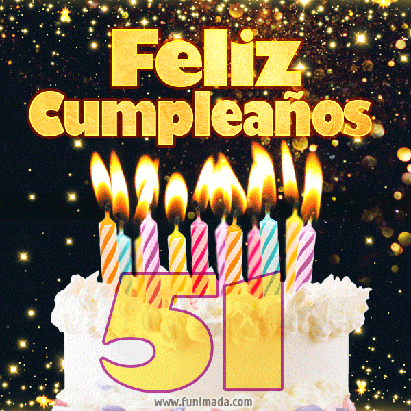Tarjeta GIF de cumpleaños feliz de 51 años con torta y velas