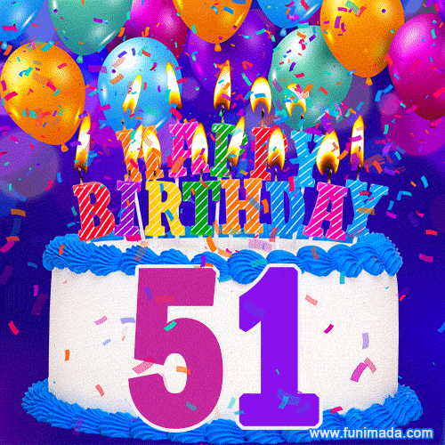 51st Birthday Cake gif: colorful candles, balloons, confetti and number 51