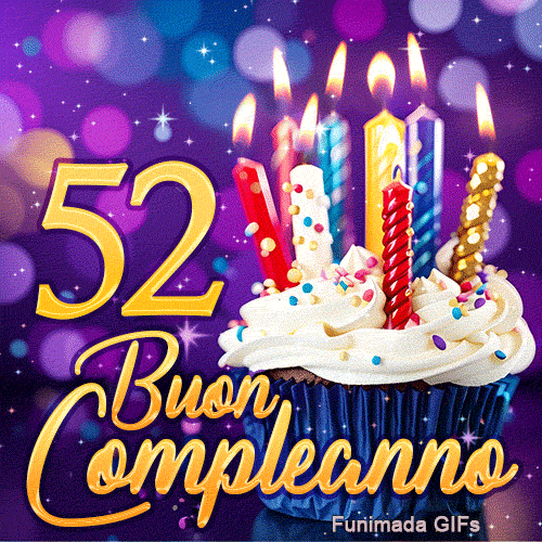 Immagine animata per il compleanno 52 presentante un dolcetto festoso con candele accese e il numero 52 dorato.