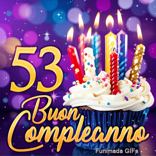 Biglietto virtuale 53 anni: un cupcake con candele illuminate e il numero 53 d'oro su un festoso sfondo lila.
