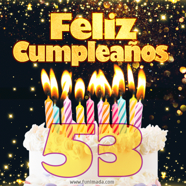 Tarjeta GIF de cumpleaños feliz de 53 años con torta y velas