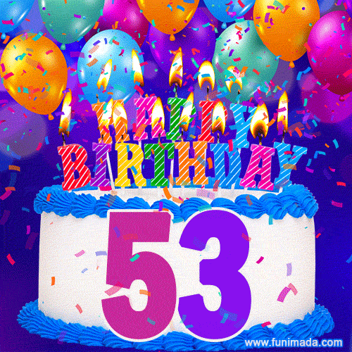 53rd Birthday Cake gif: colorful candles, balloons, confetti and number 53