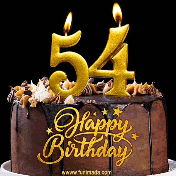54 Birthday Chocolate Cake with Gold Glitter Number 54 Candles (GIF)