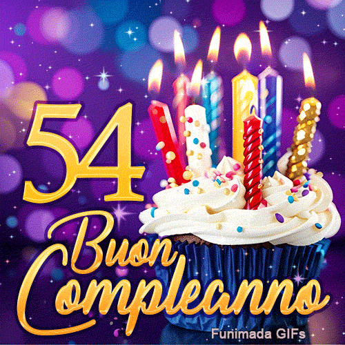 GIF di 54 anni compleanno con un dolce tortino, candeline risplendenti e il numero 54 dorato su sfondo bokeh viola.