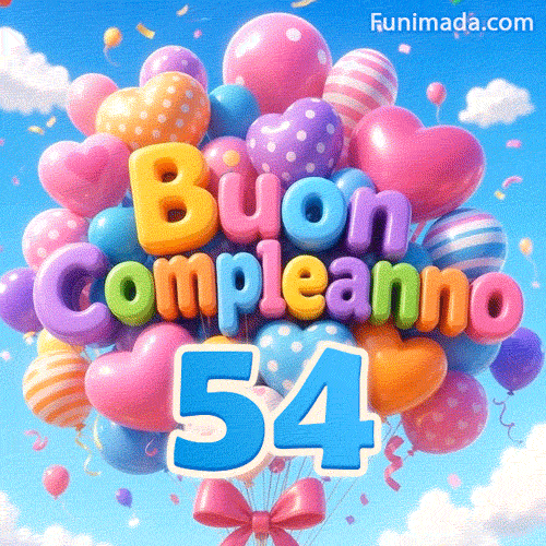 Derivando nel cielo luminoso, palloncini a motivi compongono Buon Compleanno con il grande numero azzurro 54 attaccato alla base.