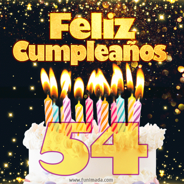 Tarjeta GIF de cumpleaños feliz de 54 años con torta y velas