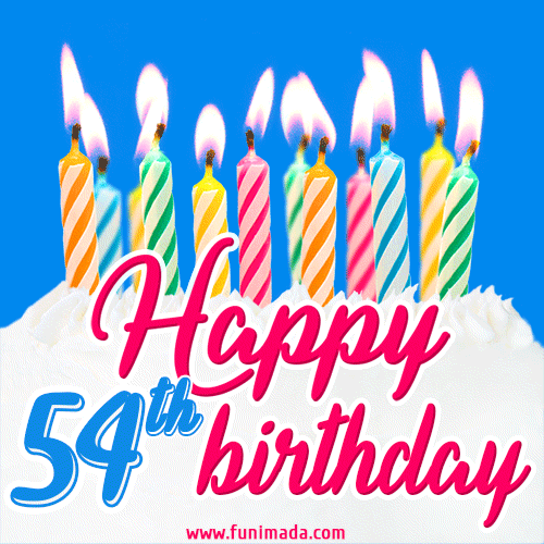 Animated Happy 54th Birthday Card with Cake and Lit Candles