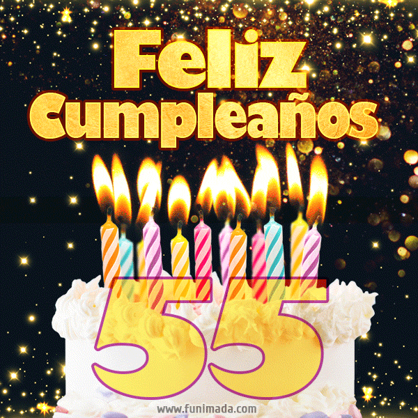 Tarjeta GIF de cumpleaños feliz de 55 años con torta y velas