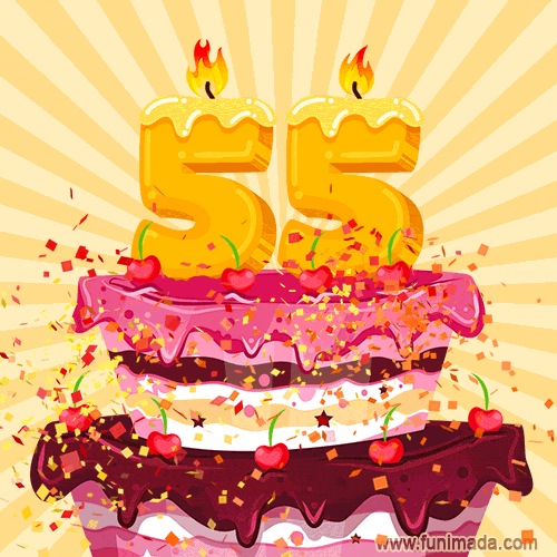 Hand Drawn 55th Birthday Cake Greeting Card (Animated Loop GIF)