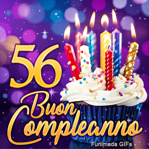 Immagine animata di Buon Compleanno 56 anni mostrante il numero 56 in oro accanto a una torta con candele accese.