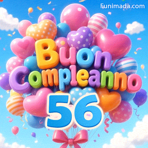 Palloncini 3D animati che formano Buon Compleanno si muovono nella brezza, accompagnati dal grande numero azzurro 56 attaccato da fili sotto un cielo azzurro.