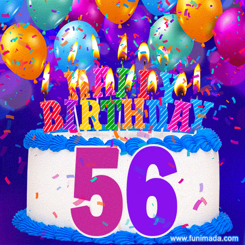 56th Birthday Cake gif: colorful candles, balloons, confetti and number 56