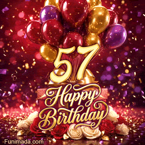 Golden number 57 stands out among bright balloons gift boxes red and white roses and falling confetti with Happy Birthday script in this animated design