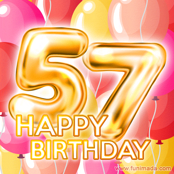 Fantastic Gold Number 57 Balloons Happy Birthday Card (Moving GIF)