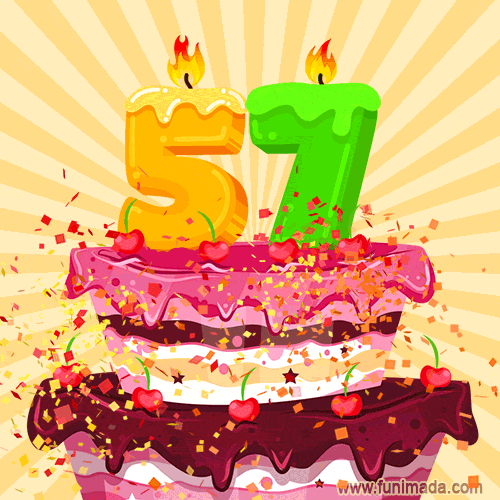 Hand Drawn 57th Birthday Cake Greeting Card (Animated Loop GIF)