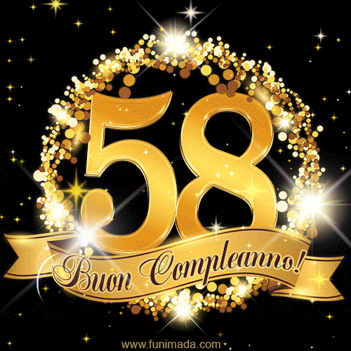 Il numero 58 è circondato da un anello dorato brillante, accompagnato da un nastro elegante con la scritta 'Buon Compleanno!' su uno sfondo scuro.