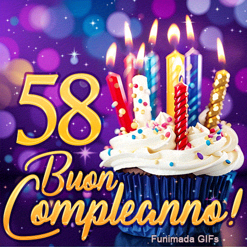 Biglietto animato 58 anni con il numero 58 in oro brillante, un dolce tortino illuminato e scintillii di luce.