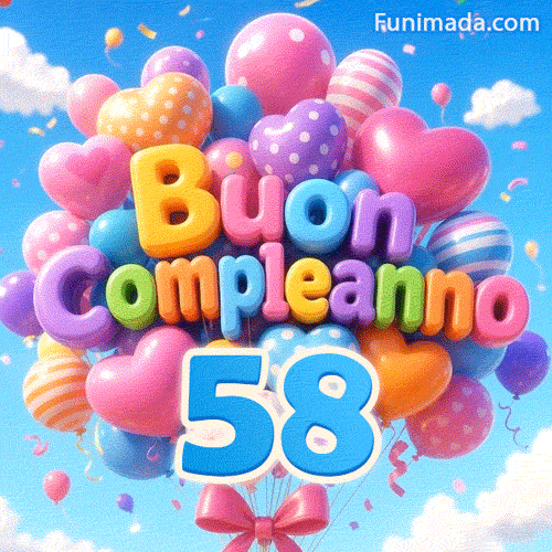 Il grande numero azzurro 58 pende sotto un enorme mazzo di palloncini multicolori che ondeggiano. Le lettere in 3D formano Buon Compleanno al centro.