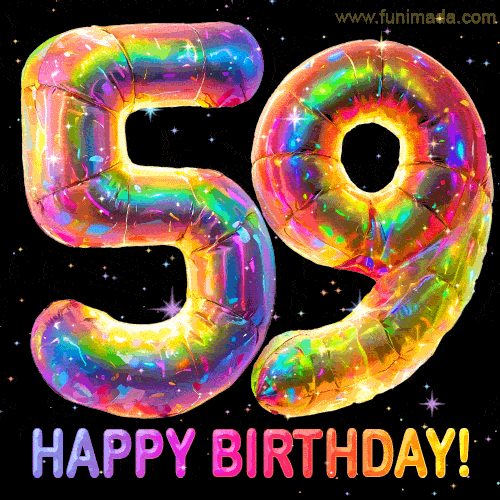 Shiny number 59 birthday celebration balloons with an iridescent glow, animated GIF