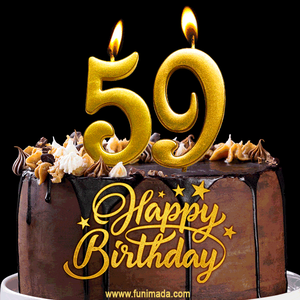 59 Birthday Chocolate Cake with Gold Glitter Number 59 Candles (GIF)