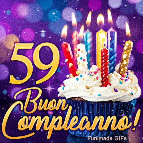 Animazione di compleanno 59 anni illustrante il numero 59 dorato, candele risplendenti e una tortina festosa su sfondo violetto.