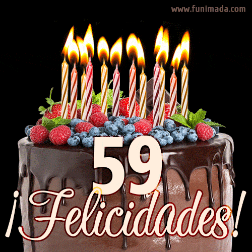 Feliz 59 cumpleaños pastel de chocolate. Imagen (GIF) con pastel y saludo.