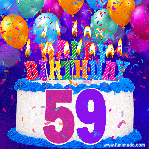 59th Birthday Cake gif: colorful candles, balloons, confetti and number 59