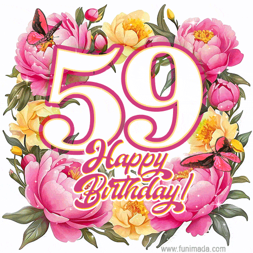 Animated 59th birthday GIF featuring a wreath of beautiful peonies, perfect for her special day