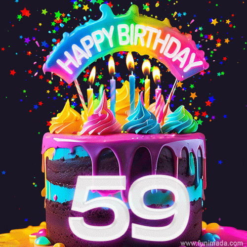 Chocolate cake with number 59 adorned with vibrant multicolored frosting, candles, and a rainbow topper