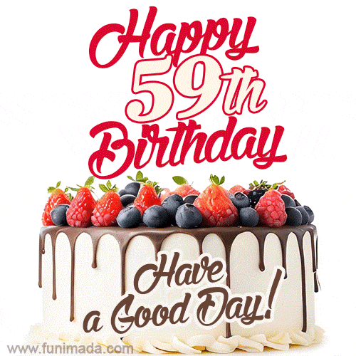Cheers to 59 years! Yummy berries and chocolate frosting birthday cake with a decorative topper.
